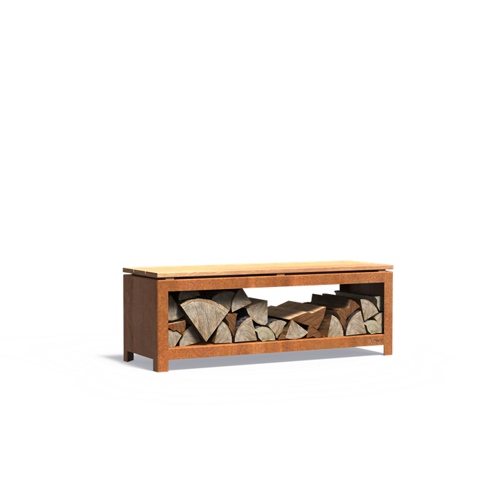 LOGG Holzlager mit Sitzfläche | 120 x 40 x 43 cm