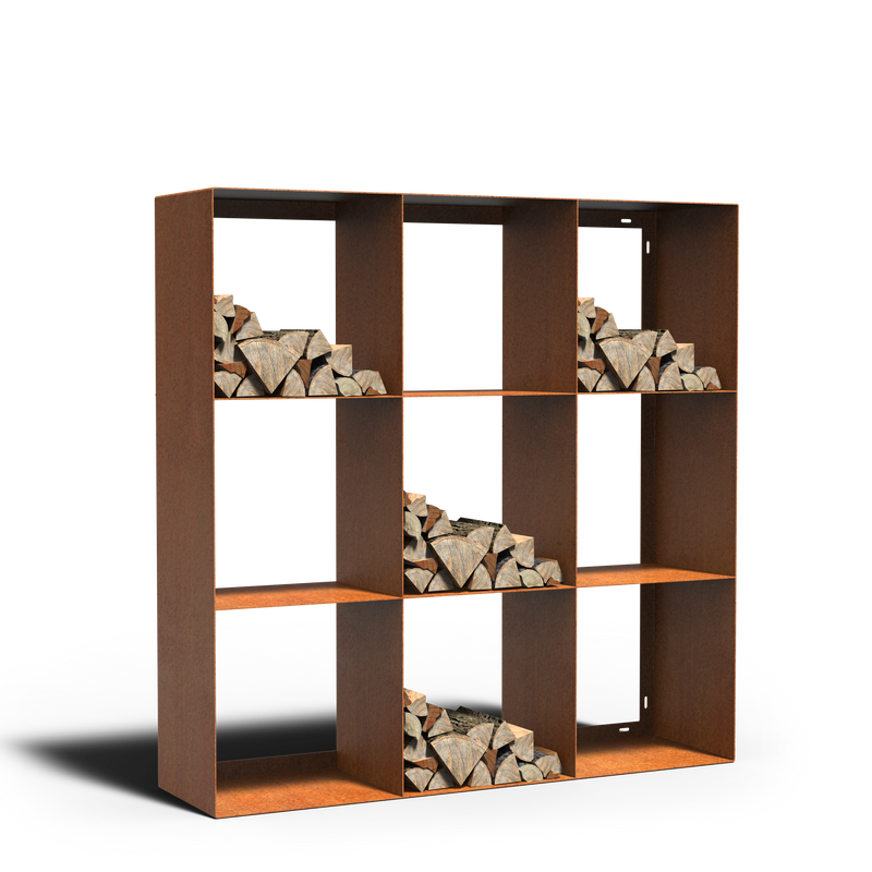 LOGG QUAD Holzlager – Cortenstahl | 150 × 40 × 150 cm