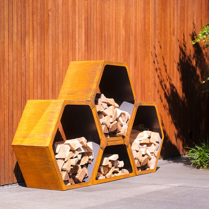 Houtopslag HEX 91.5 x 40 x 40 cm - cortenstaal