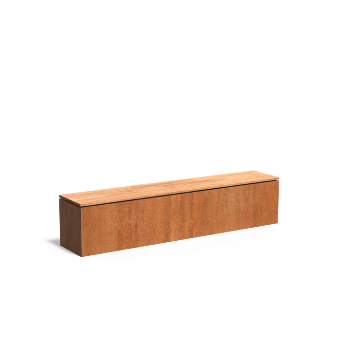Cortenstahl Sockel mit Hartholz-Sitzfläche | 200 x 40 x 43 cm