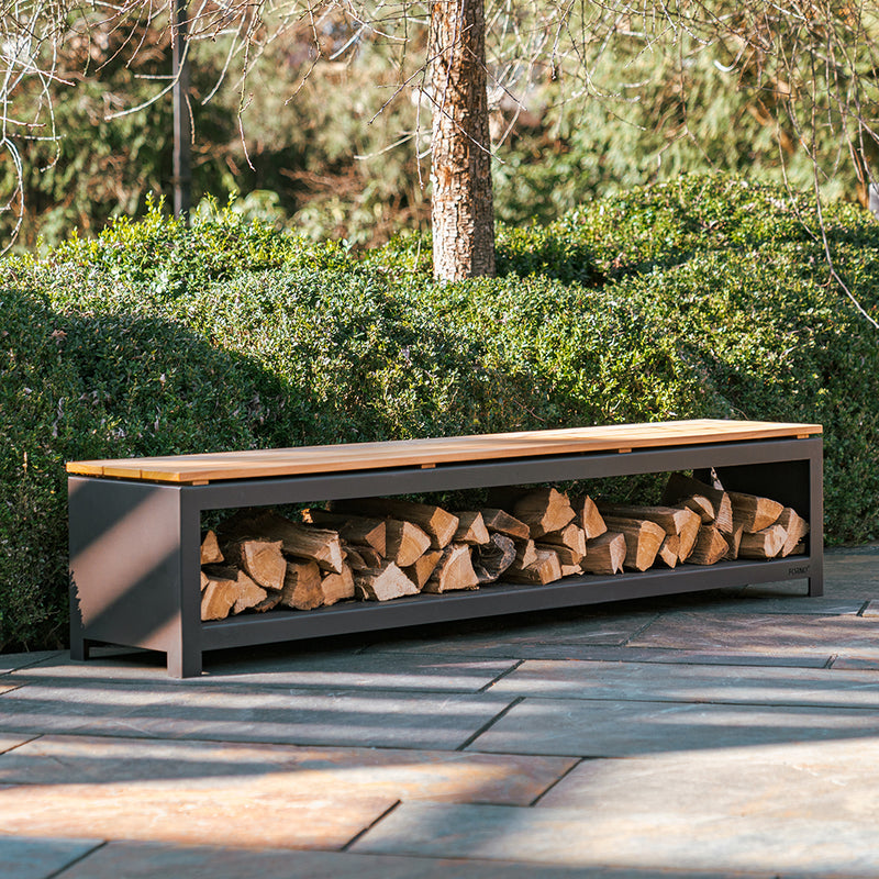 LOGG Holzlager mit Sitzfläche – beschichteter Stahl | 120 x 40 x 43 cm